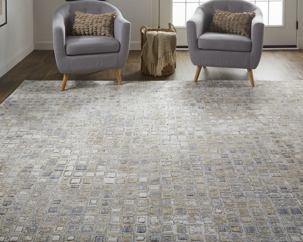 12 x 15 Tan Ivory & Blue Geometric Power Loom Distressed Rug