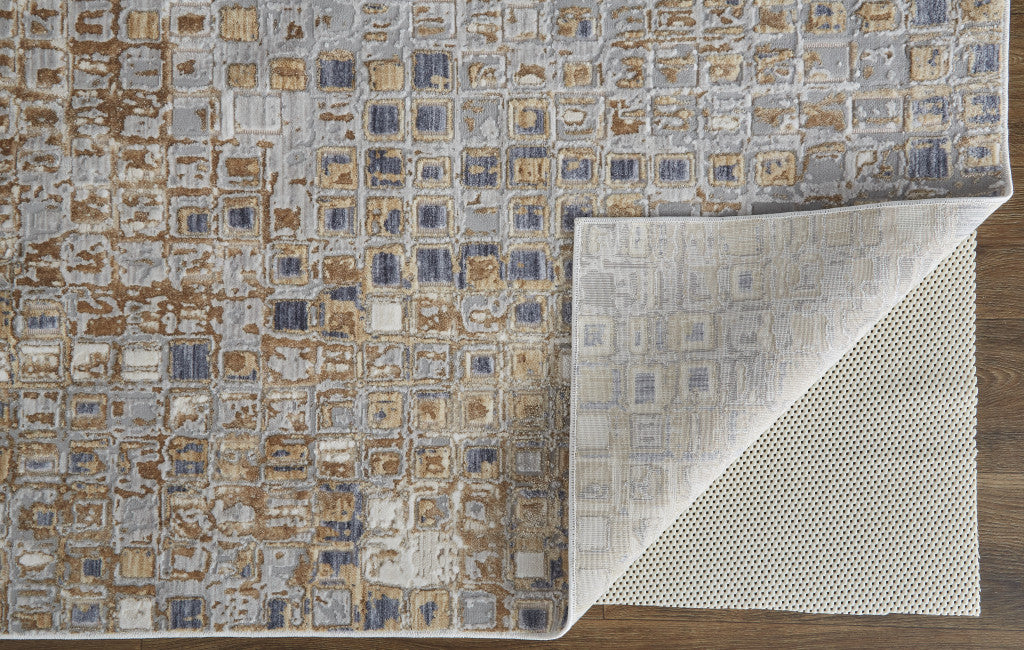 12 x 15 Tan Ivory & Blue Geometric Power Loom Distressed Rug