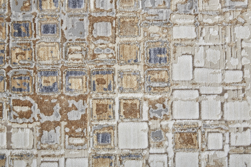 12 x 15 Tan Ivory & Blue Geometric Power Loom Distressed Rug