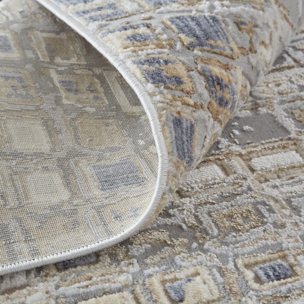 12 x 15 Tan Ivory & Blue Geometric Power Loom Distressed Rug