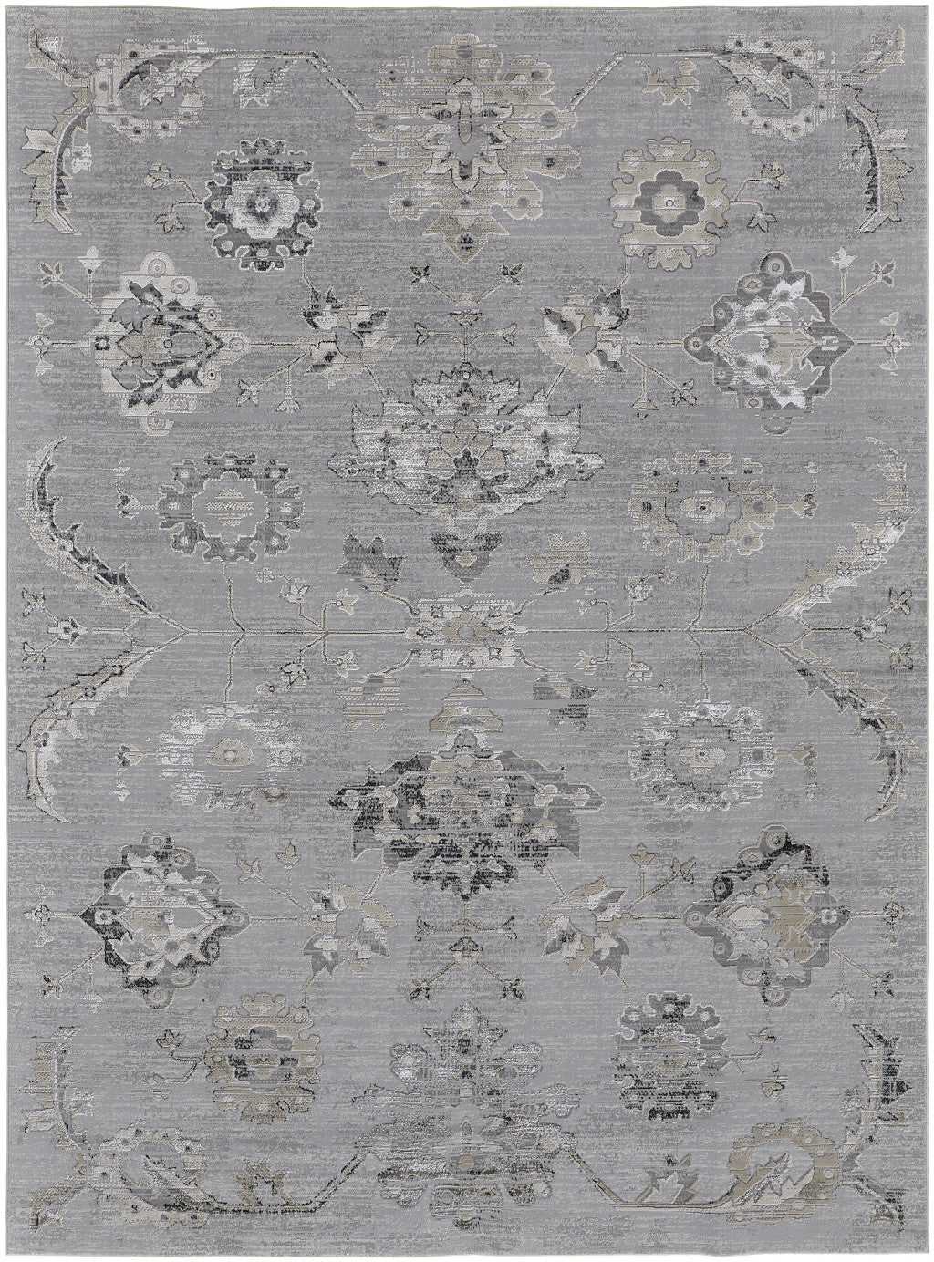 12 x 15 Silver & Black Floral Power Loom Distressed Rug