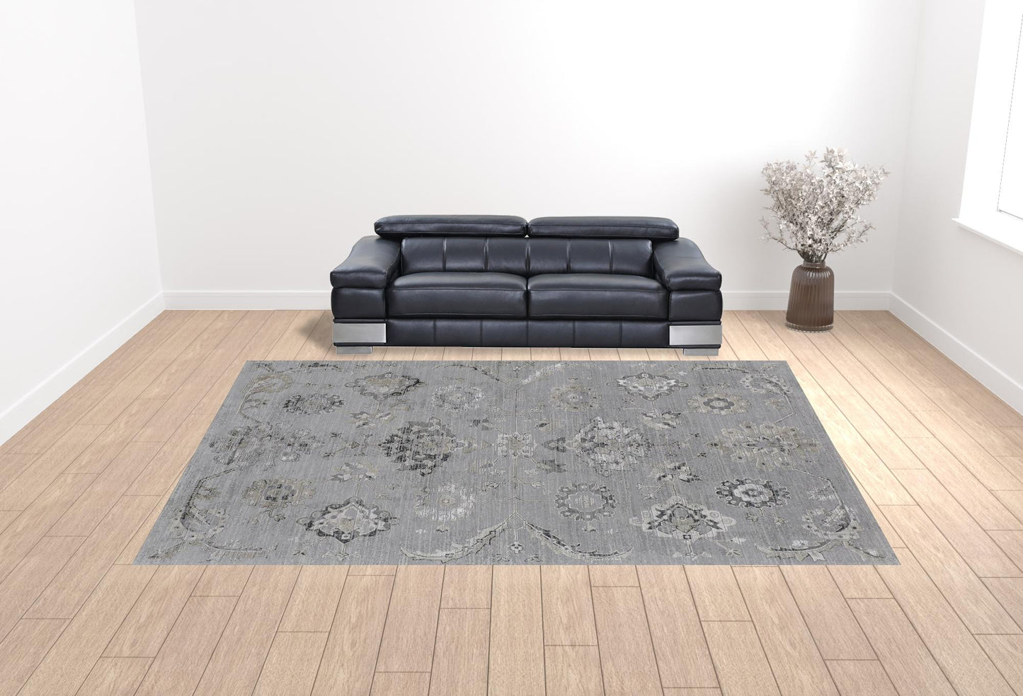 12 x 15 Silver & Black Floral Power Loom Distressed Rug