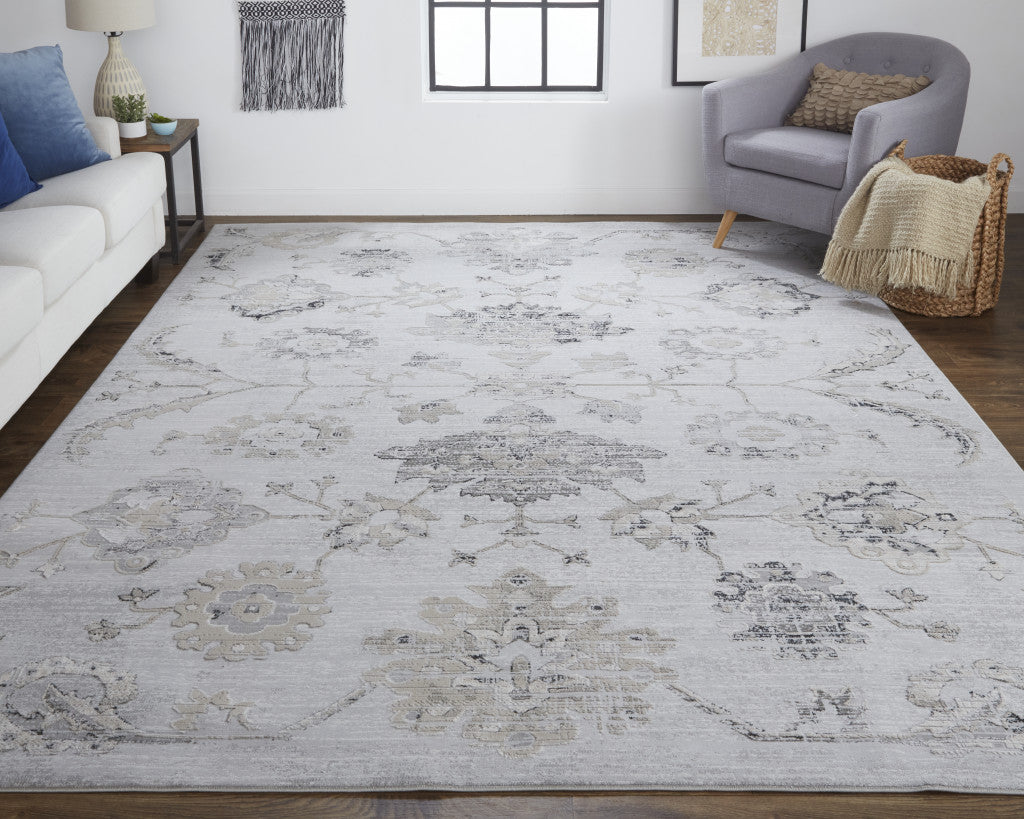 12 x 15 Silver & Black Floral Power Loom Distressed Rug