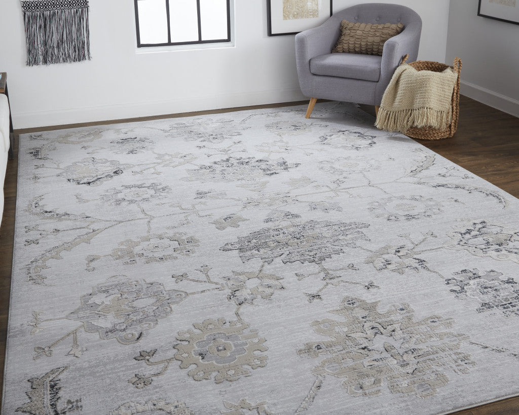12 x 15 Silver & Black Floral Power Loom Distressed Rug