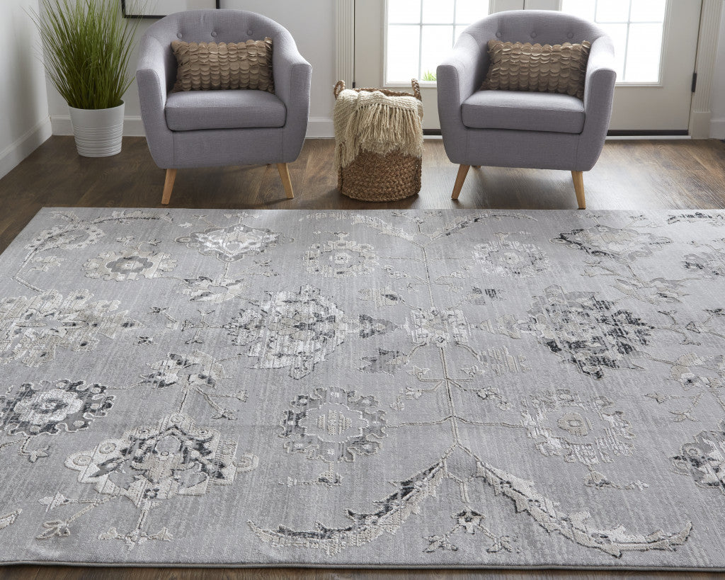 12 x 15 Silver & Black Floral Power Loom Distressed Rug