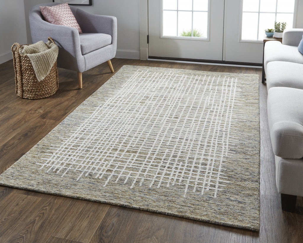 12 x 15 Tan & Ivory Wool Plaid Tufted Handmade Rug