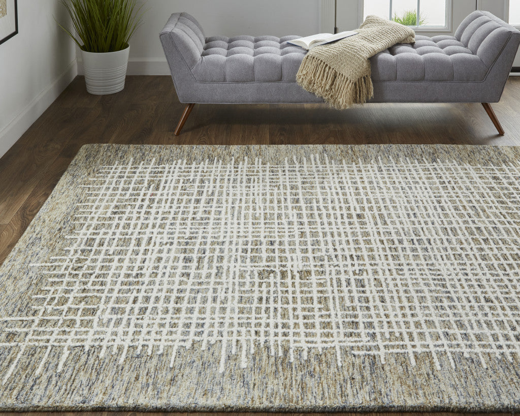 12 x 15 Tan & Ivory Wool Plaid Tufted Handmade Rug