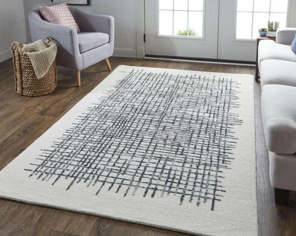 12 x 15 Ivory Gray & Black Wool Plaid Tufted Handmade Rug