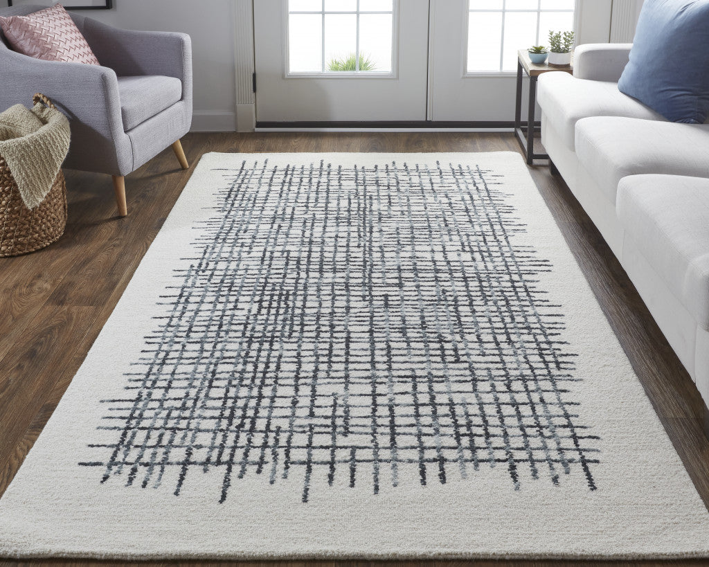 12 x 15 Ivory Gray & Black Wool Plaid Tufted Handmade Rug