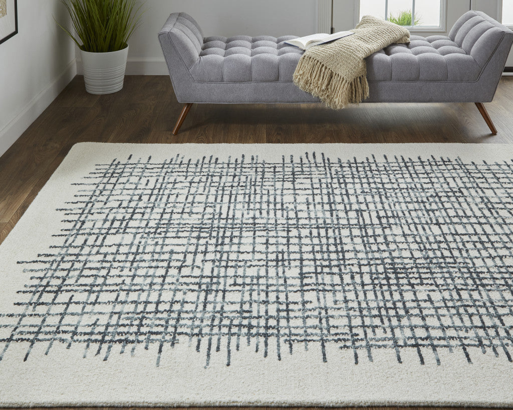 12 x 15 Ivory Gray & Black Wool Plaid Tufted Handmade Rug