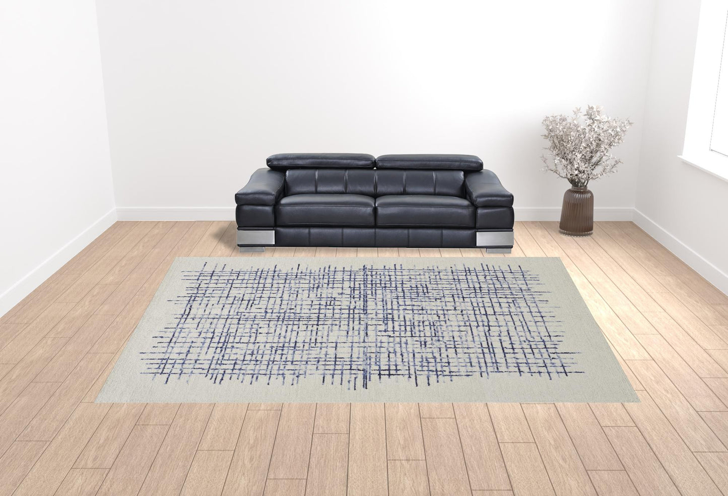 12 x 15 Ivory & Blue Wool Plaid Tufted Handmade Rug