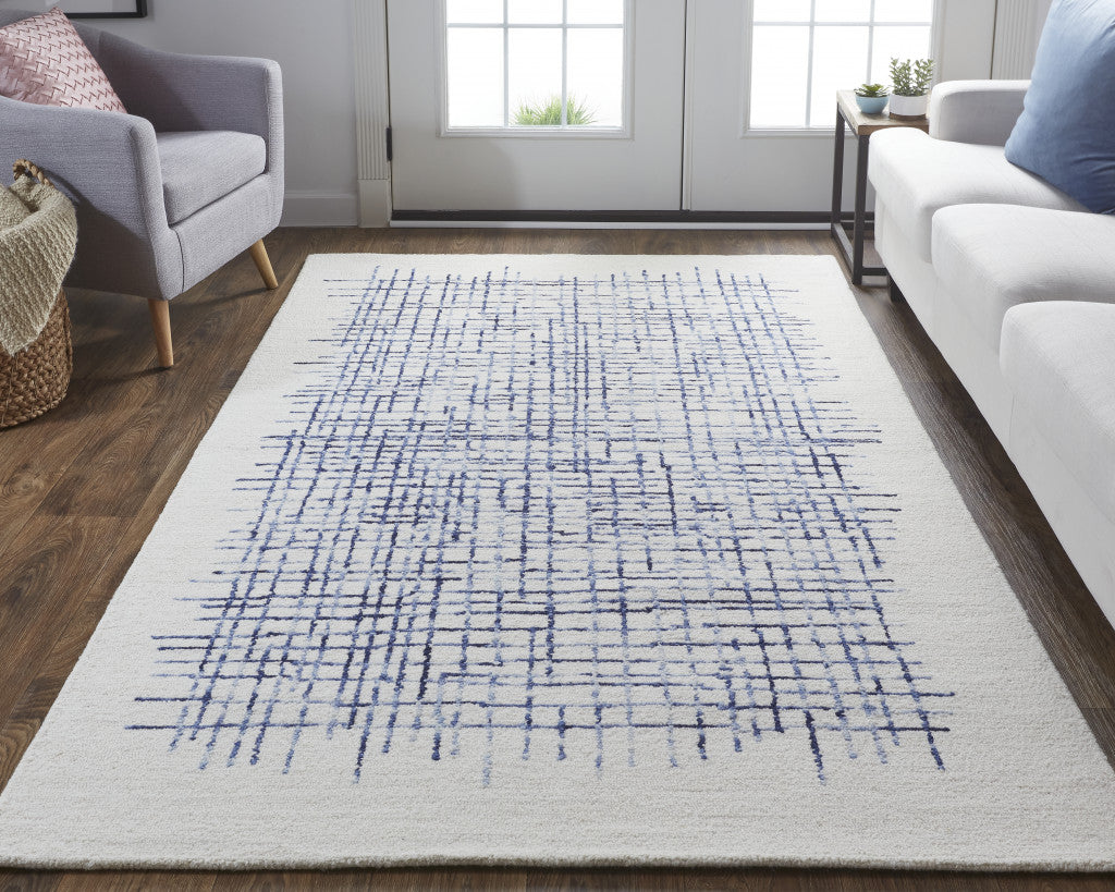 12 x 15 Ivory & Blue Wool Plaid Tufted Handmade Rug