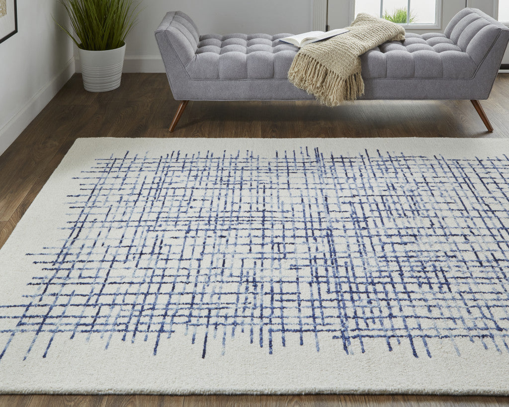 12 x 15 Ivory & Blue Wool Plaid Tufted Handmade Rug