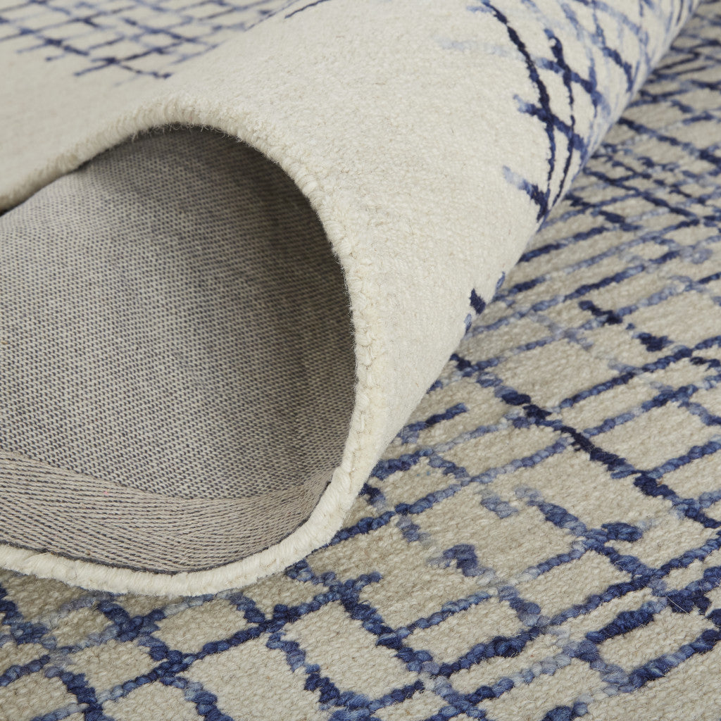 12 x 15 Ivory & Blue Wool Plaid Tufted Handmade Rug