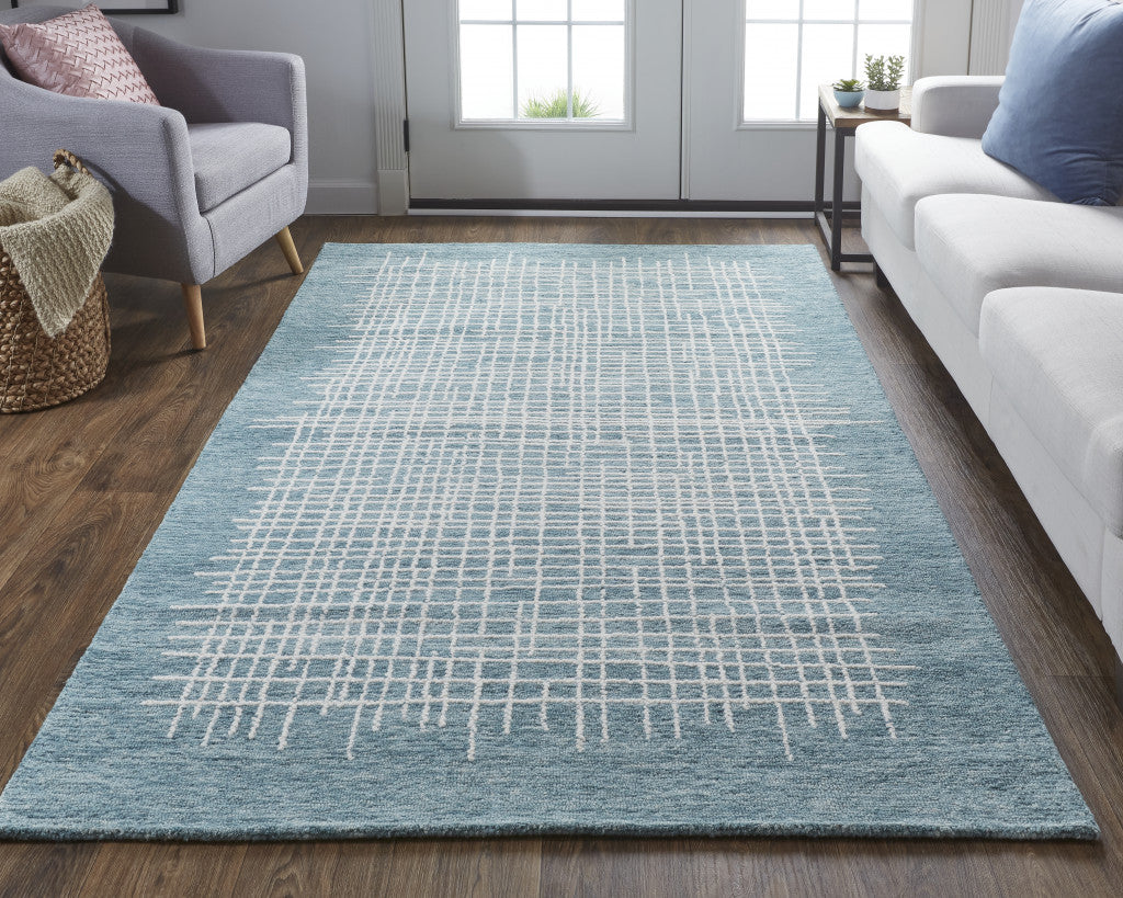 8 x 10 Blue & Ivory Wool Plaid Tufted Handmade Stain Resistant Rug