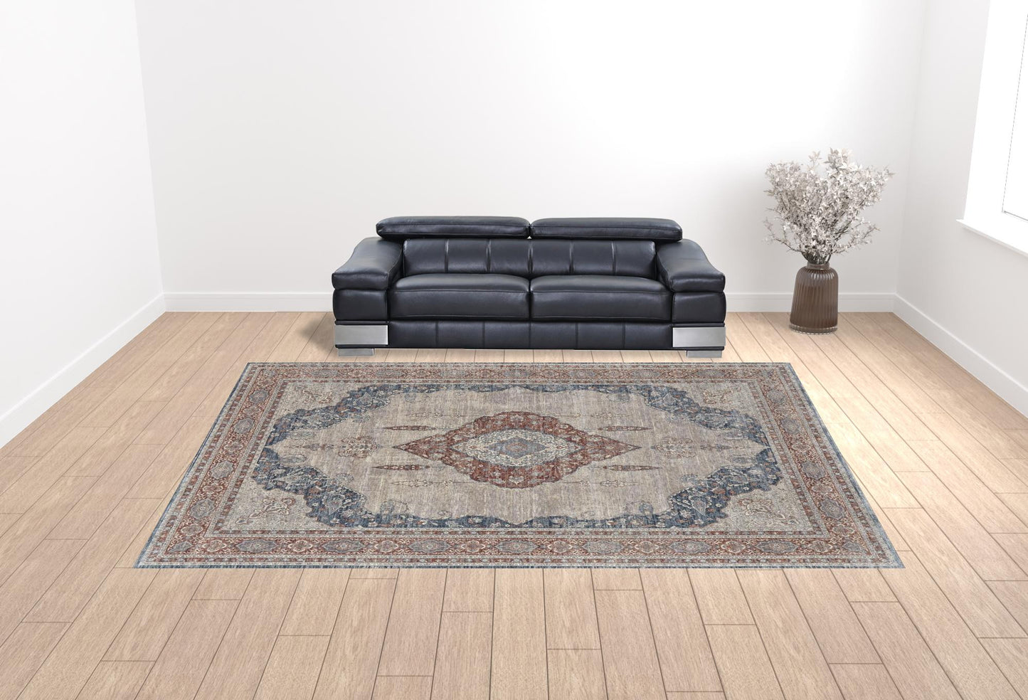 12 x 15 Gray Red & Blue Floral Power Loom Stain Resistant Rug