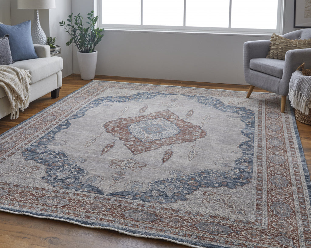 12 x 15 Gray Red & Blue Floral Power Loom Stain Resistant Rug