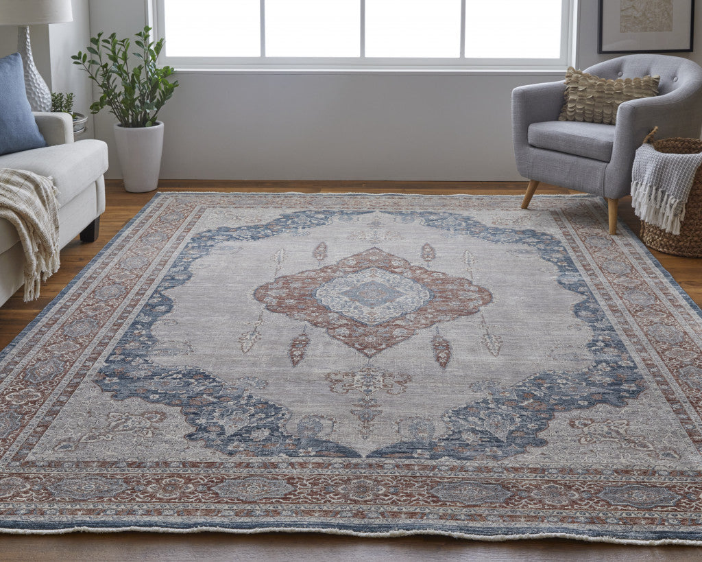 12 x 15 Gray Red & Blue Floral Power Loom Stain Resistant Rug