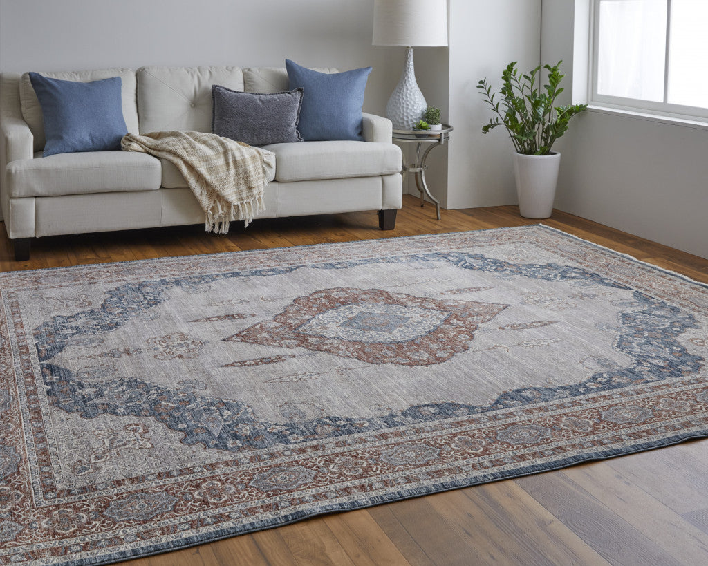 12 x 15 Gray Red & Blue Floral Power Loom Stain Resistant Rug