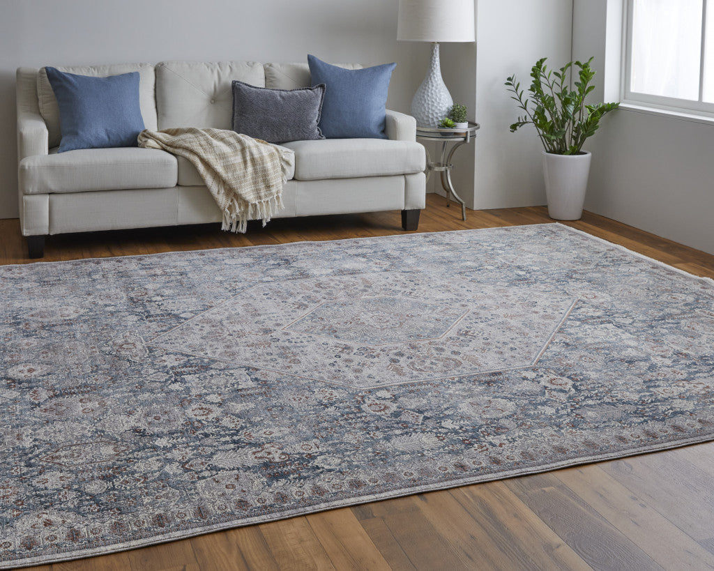 10 x 13 Blue & Ivory Floral Power Loom Stain Resistant Rug
