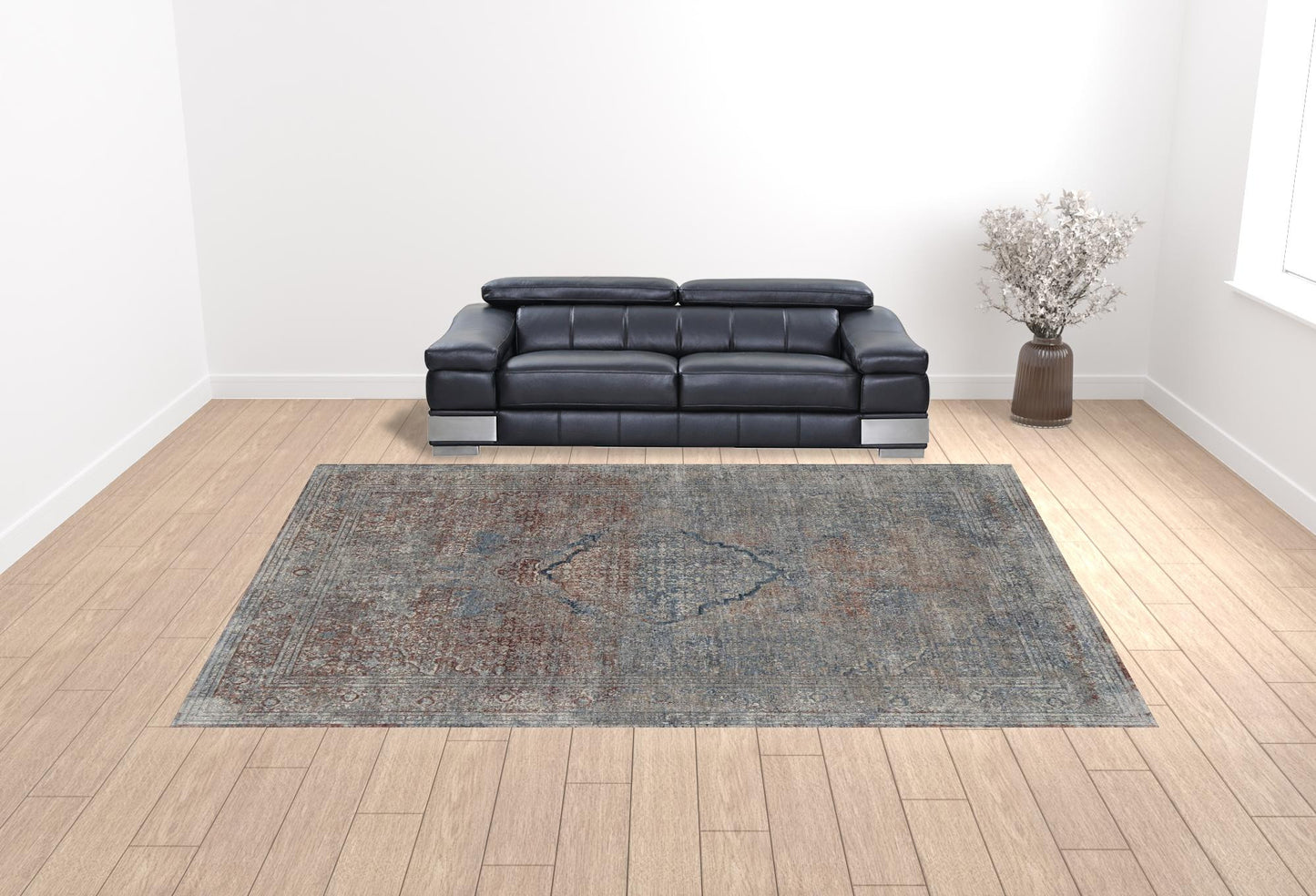 12 x 15 Blue Red & Gray Floral Power Loom Stain Resistant Rug