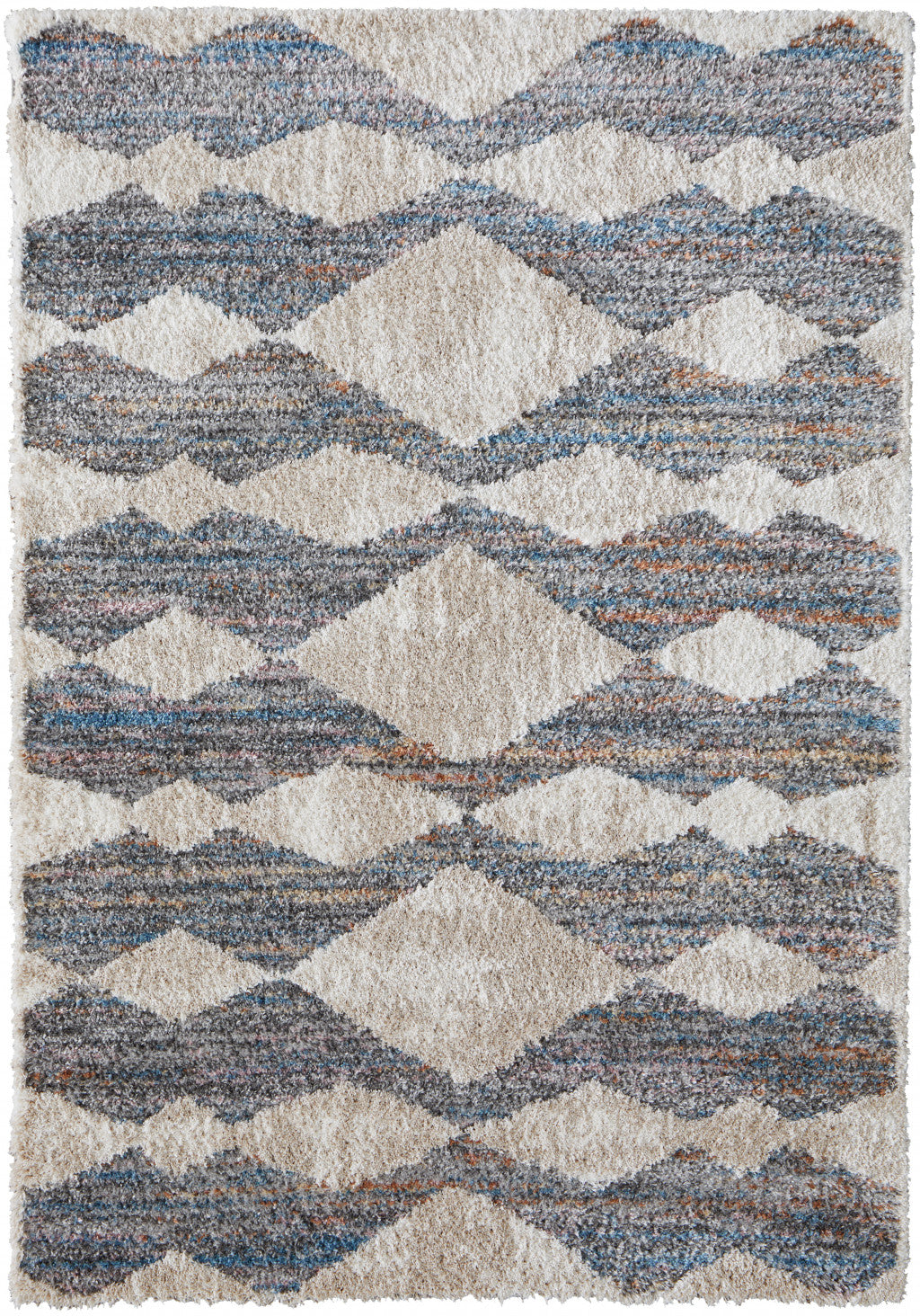 8 x 10 Tan Ivory & Blue Chevron Power Loom Stain Resistant Rug