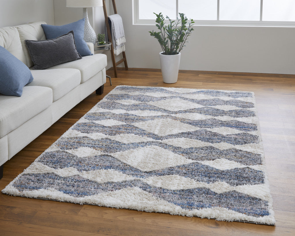 8 x 10 Tan Ivory & Blue Chevron Power Loom Stain Resistant Rug