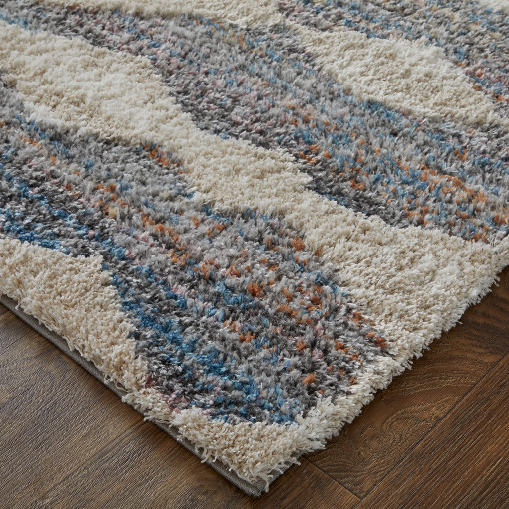 8 x 10 Tan Ivory & Blue Chevron Power Loom Stain Resistant Rug