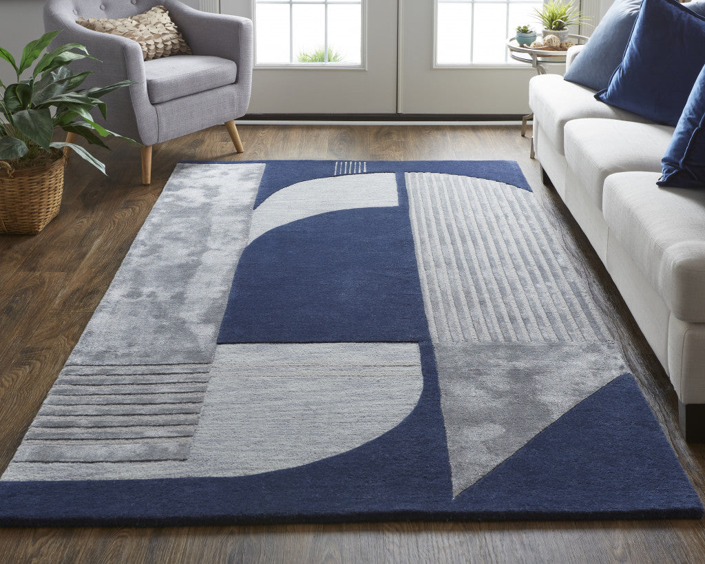 9 x 12 Blue & Silver Wool Geometric Tufted Handmade Rug