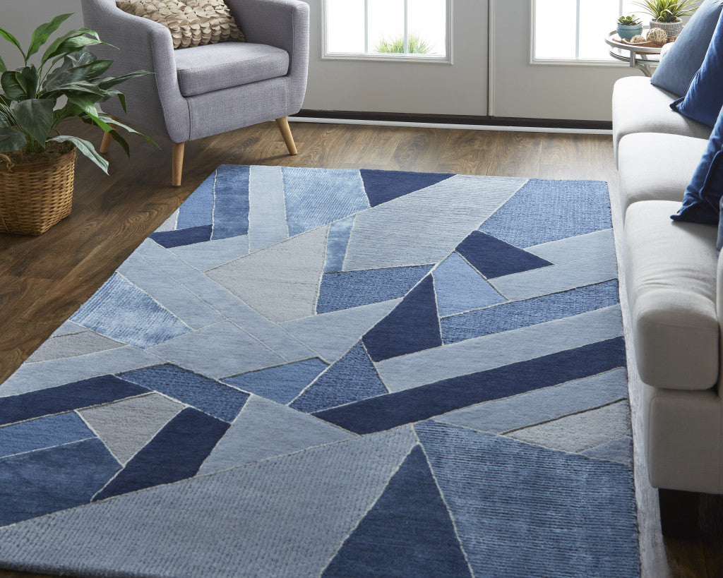 9 x 12 Blue & Silver Wool Geometric Tufted Handmade Rug