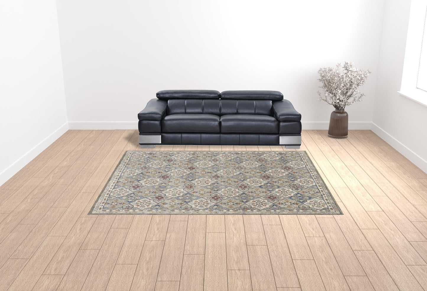 9 x 12 Taupe Ivory & Red Wool Patchwork Tufted Handmade Stain Resistant Rug