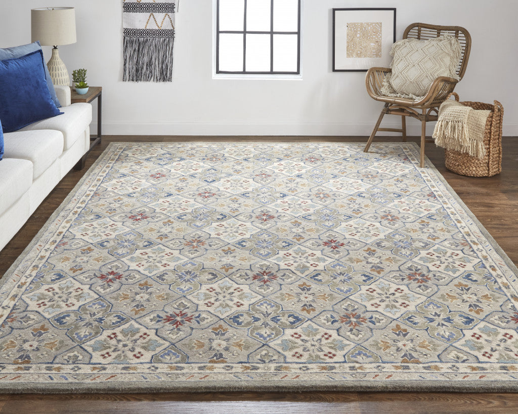 9 x 12 Taupe Ivory & Red Wool Patchwork Tufted Handmade Stain Resistant Rug