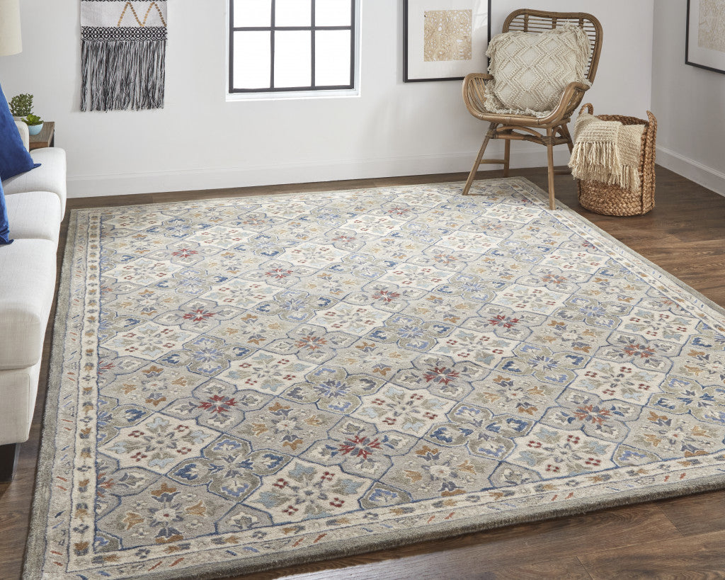 9 x 12 Taupe Ivory & Red Wool Patchwork Tufted Handmade Stain Resistant Rug