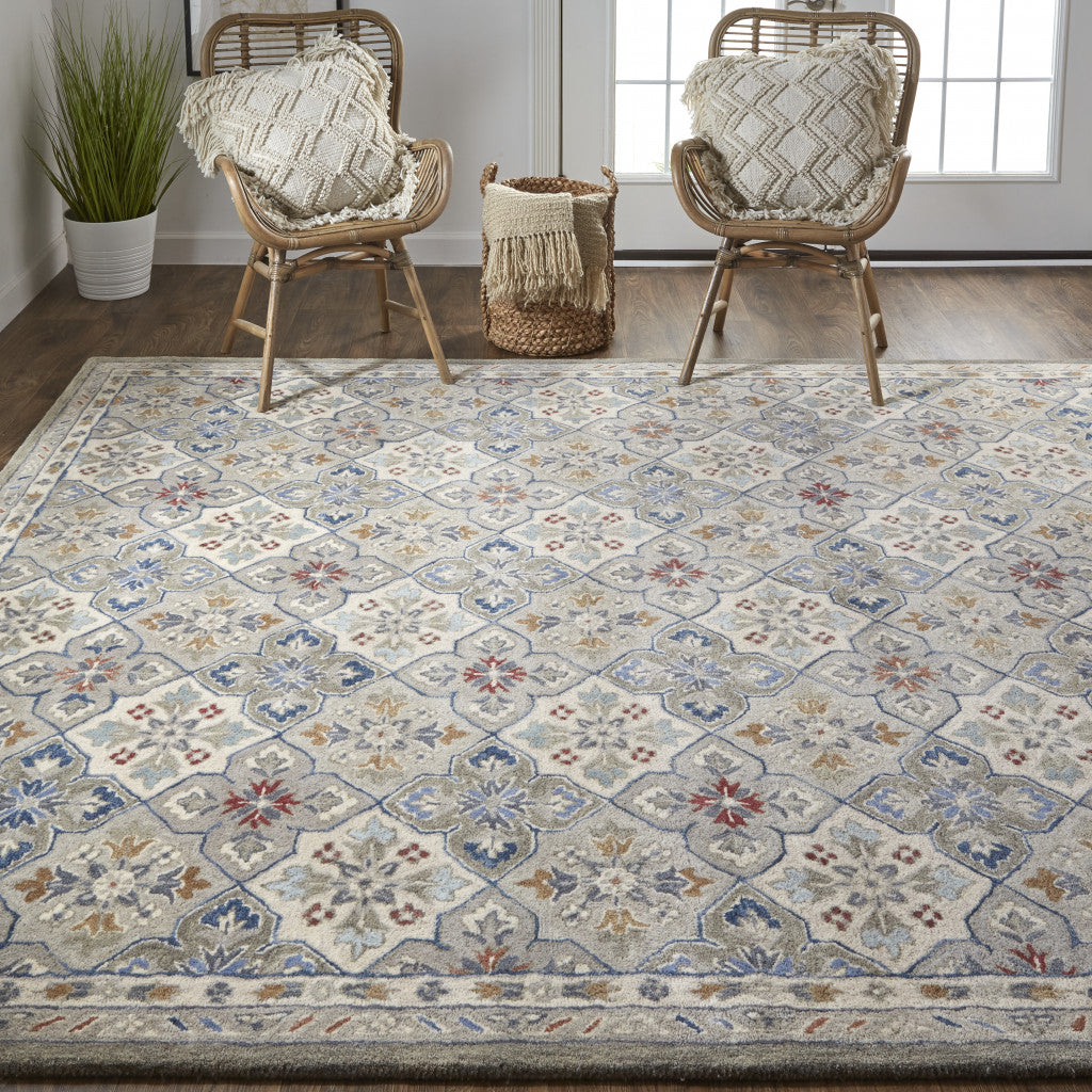 9 x 12 Taupe Ivory & Red Wool Patchwork Tufted Handmade Stain Resistant Rug
