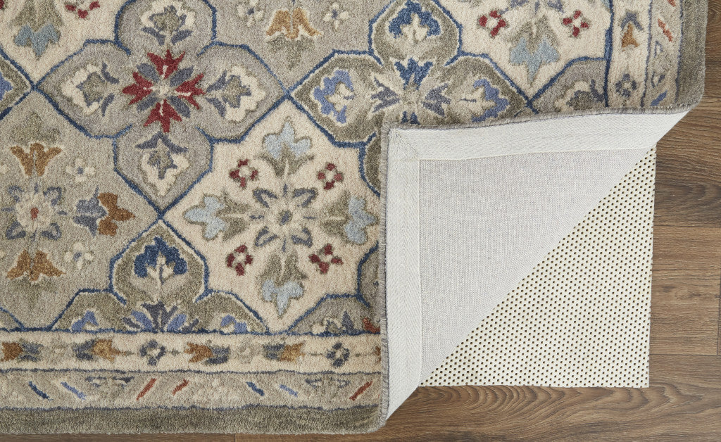 9 x 12 Taupe Ivory & Red Wool Patchwork Tufted Handmade Stain Resistant Rug