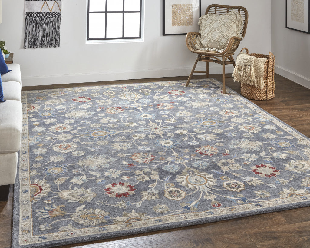 9 x 12 Gray & Ivory Wool Floral Hand Tufted Rug