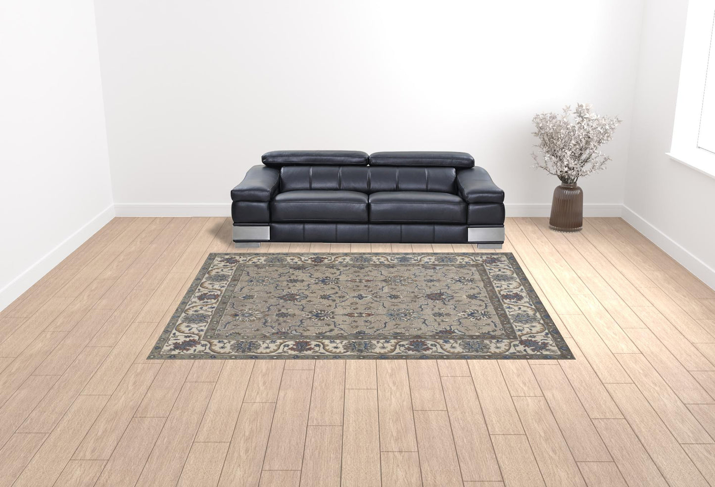 9 x 12 Taupe Ivory & Blue Wool Floral Tufted Handmade Stain Resistant Rug