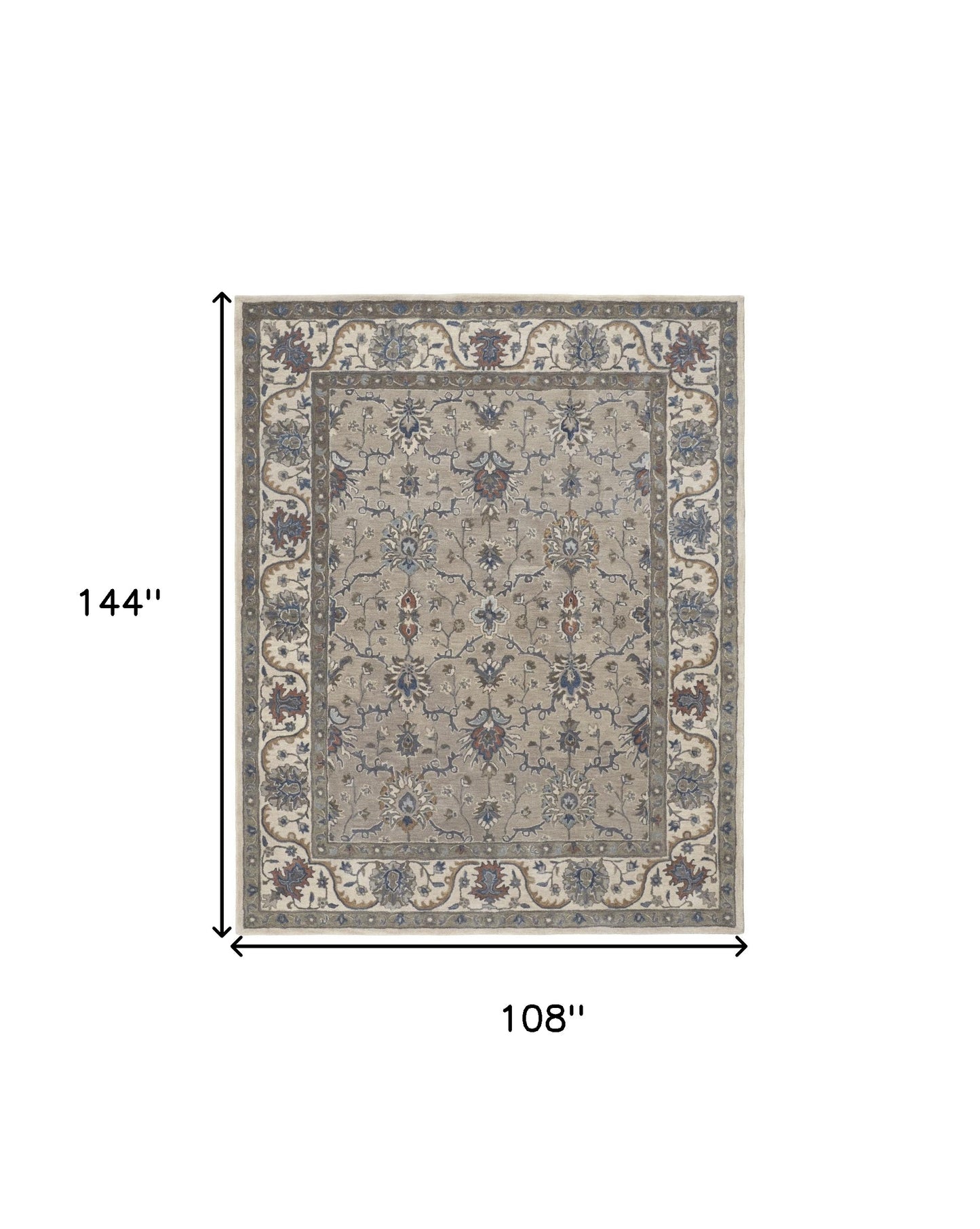9 x 12 Taupe Ivory & Blue Wool Floral Tufted Handmade Stain Resistant Rug