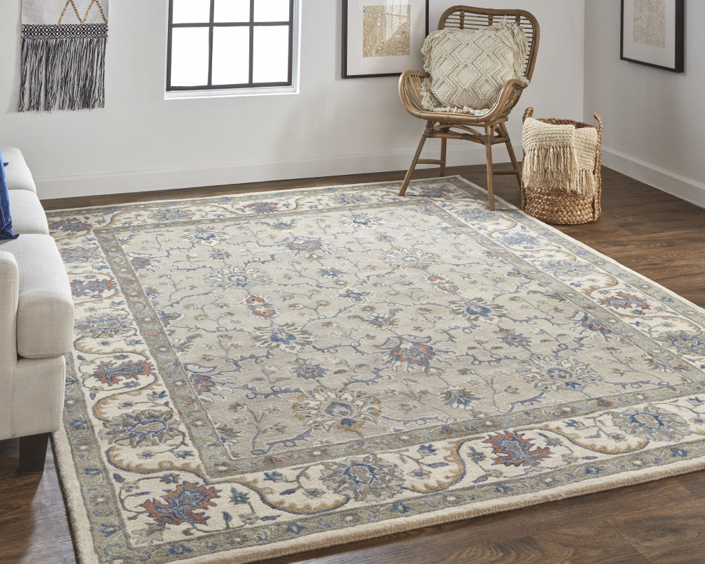 9 x 12 Taupe Ivory & Blue Wool Floral Tufted Handmade Stain Resistant Rug