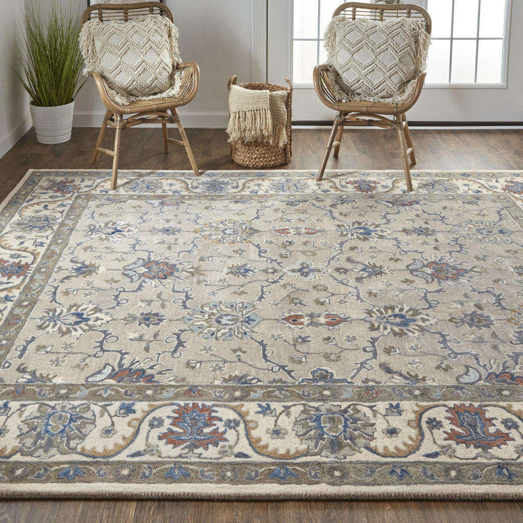 9 x 12 Taupe Ivory & Blue Wool Floral Tufted Handmade Stain Resistant Rug