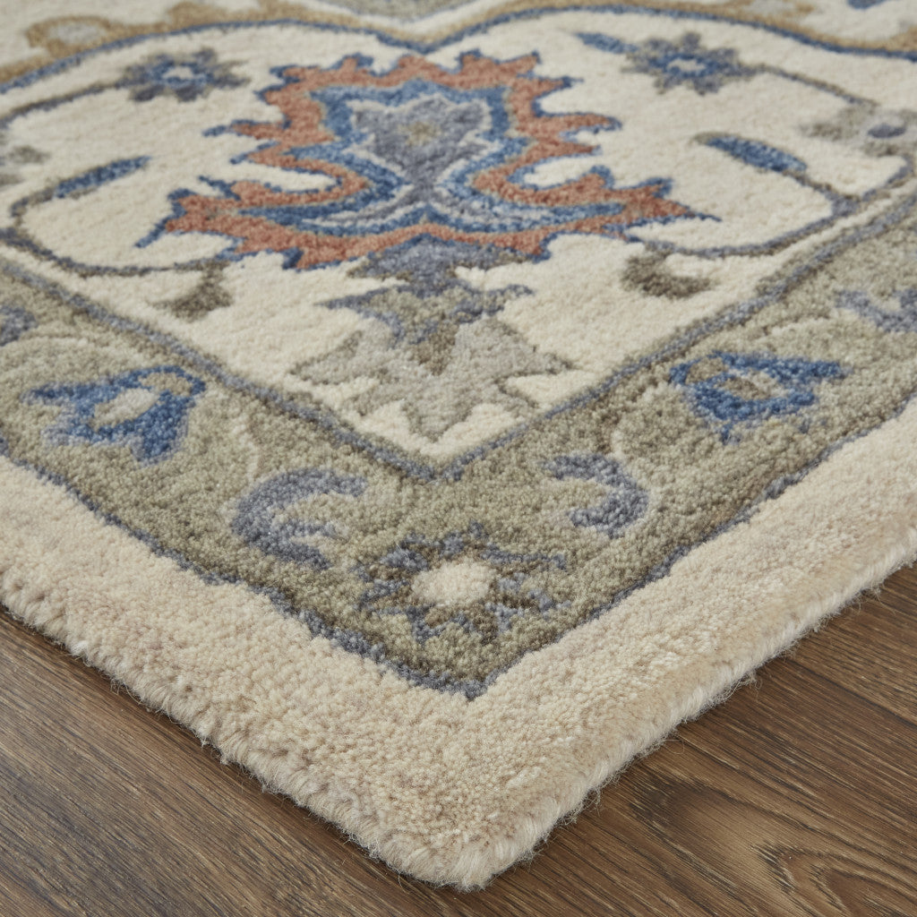 9 x 12 Taupe Ivory & Blue Wool Floral Tufted Handmade Stain Resistant Rug