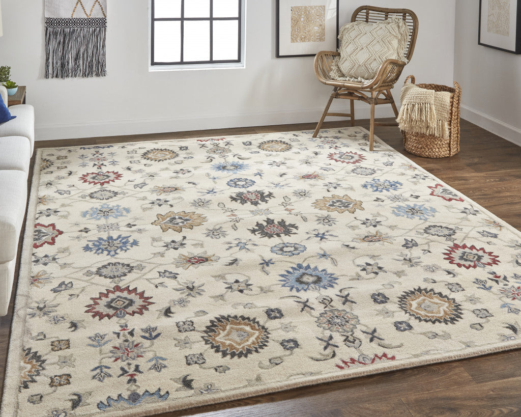 8 x 10 Ivory & Blue Wool Floral Hand Tufted Rug