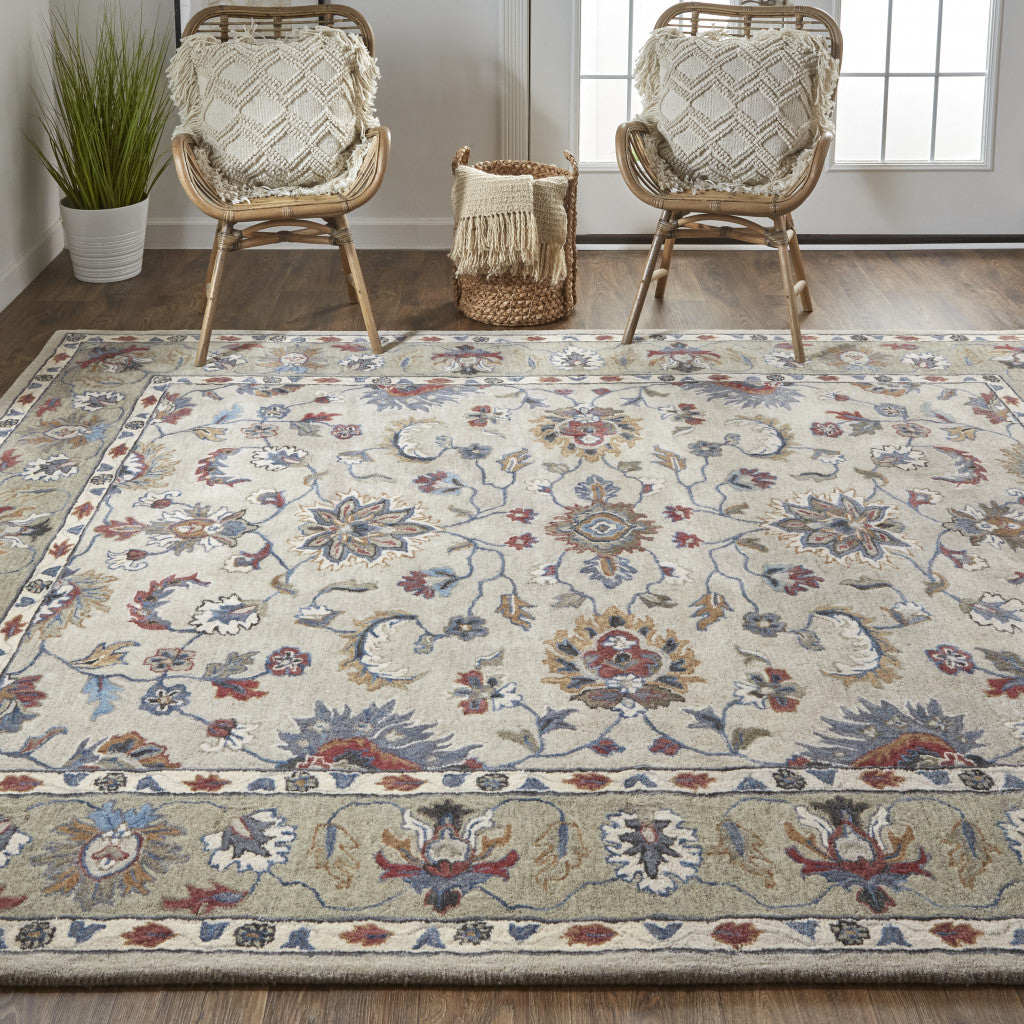 8 x 10 Ivory Taupe & Blue Wool Floral Tufted Handmade Stain Resistant Rug