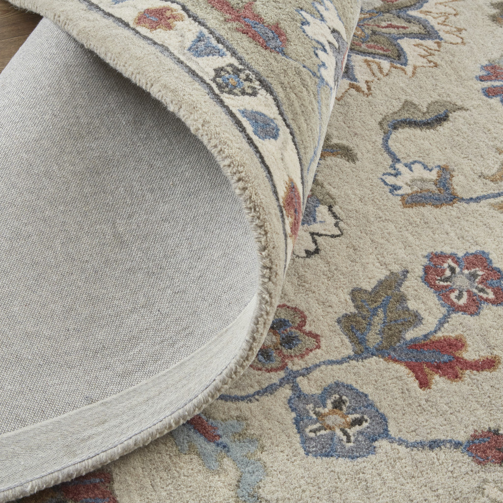 8 x 10 Ivory Taupe & Blue Wool Floral Tufted Handmade Stain Resistant Rug