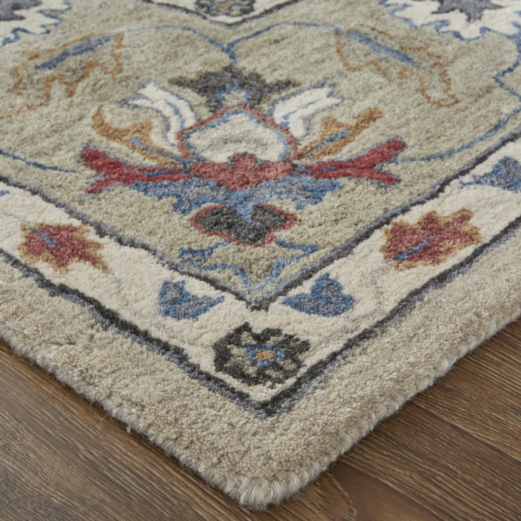 9 x 12 Ivory Taupe & Blue Wool Floral Tufted Handmade Stain Resistant Rug