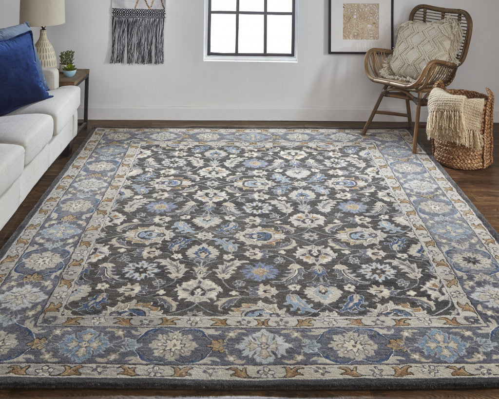 8 x 10 Taupe Blue & Ivory Wool Floral Tufted Handmade Stain Resistant Rug