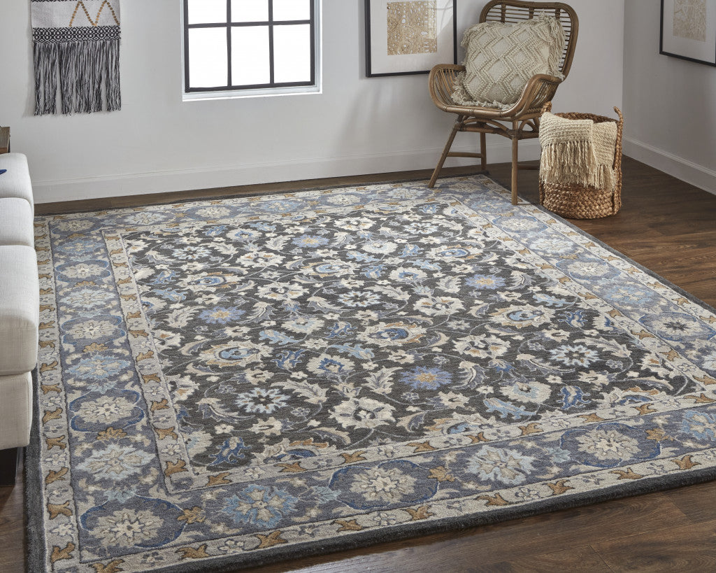 8 x 10 Taupe Blue & Ivory Wool Floral Tufted Handmade Stain Resistant Rug