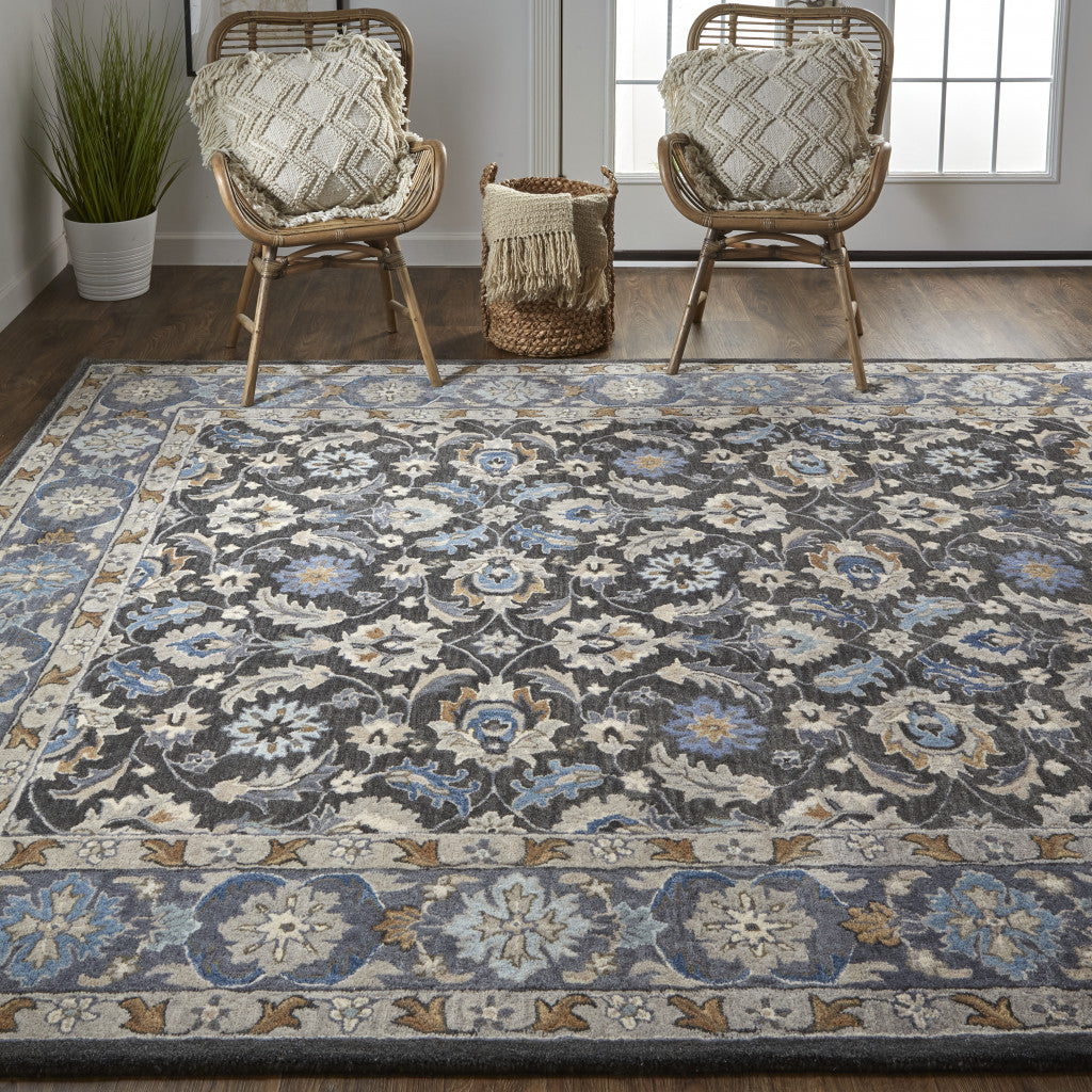 8 x 10 Taupe Blue & Ivory Wool Floral Tufted Handmade Stain Resistant Rug