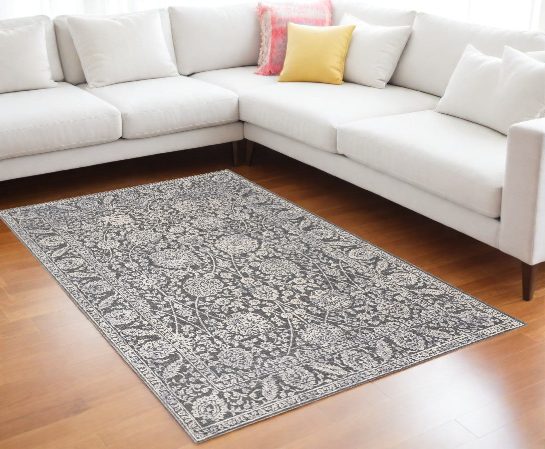 8 x 10 Taupe & Ivory Floral Power Loom Rug