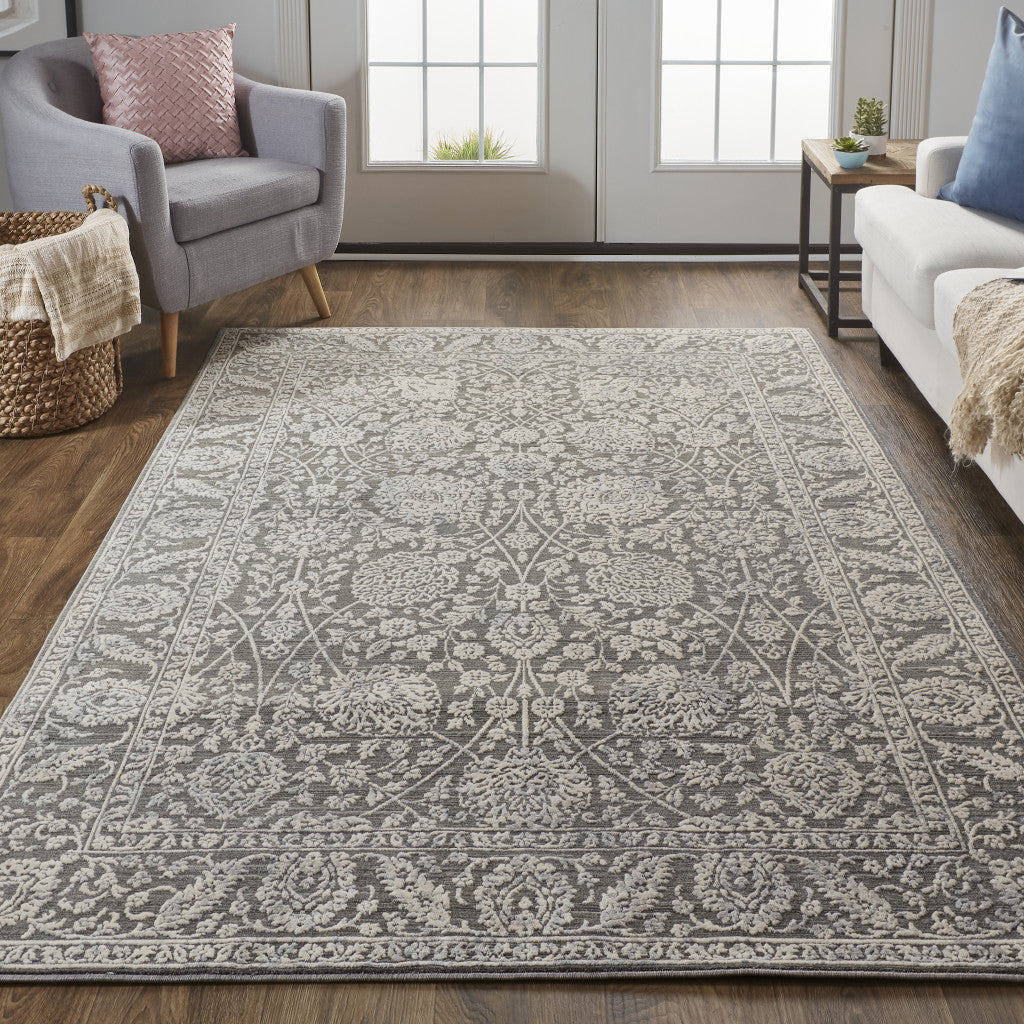 8 x 10 Taupe & Ivory Floral Power Loom Rug